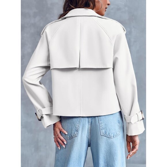 Women's White Crop Double Breasted Trench Coat Raglan Sleeve Cropped Jacket - Picture 5 of 6